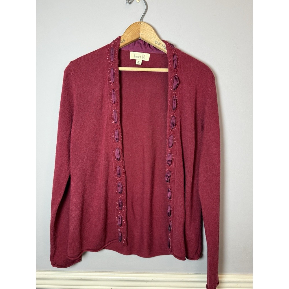 Linden Hill Open Front‎ Cardigan Sweater Womens Med Ribbon & bead accent maroon